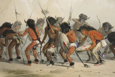 Danza del Búfalo (detalle), de la Cartera de Indios de América del Norte de Catlin. Escenas de Caza y Diversiones de las Montañas Rocosas y Praderas de América, pub. 1845